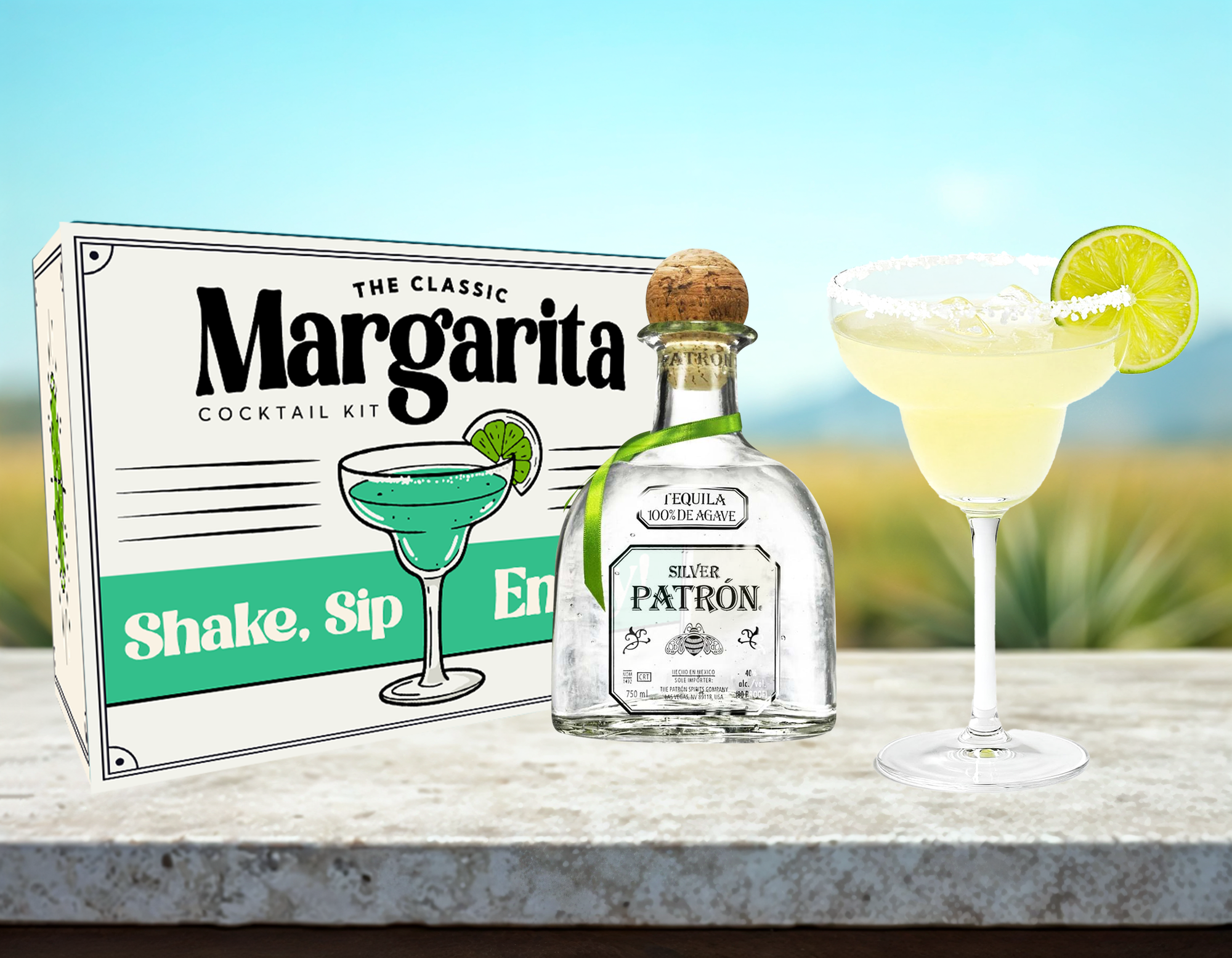 A refreshing margarita made with Patrón tequila, garnished with a lime wheel and a salted rim