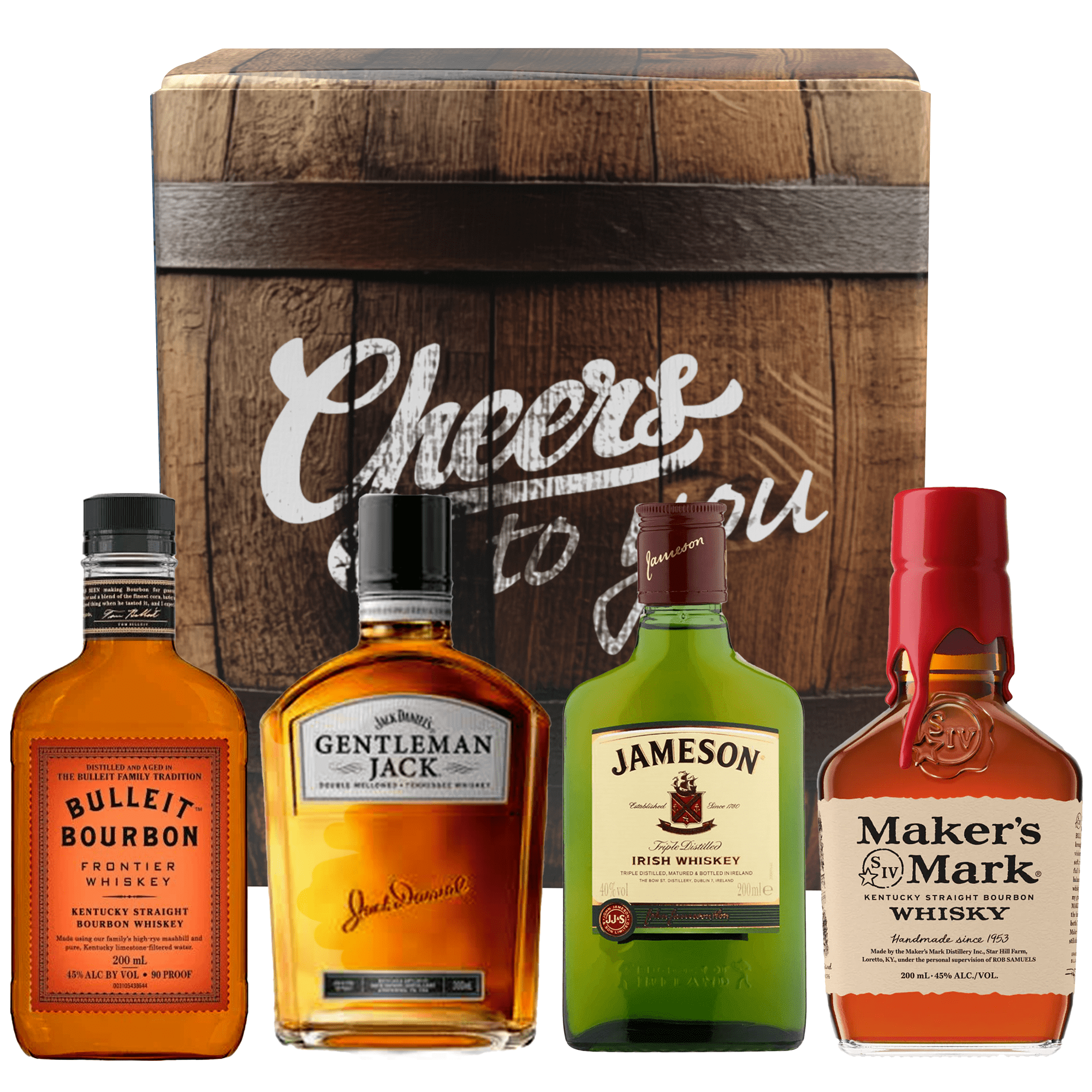 Four 200ml bottles of whiskey in a barrel-themed gift box from the 4 Legends Whiskey Tasting Kit.