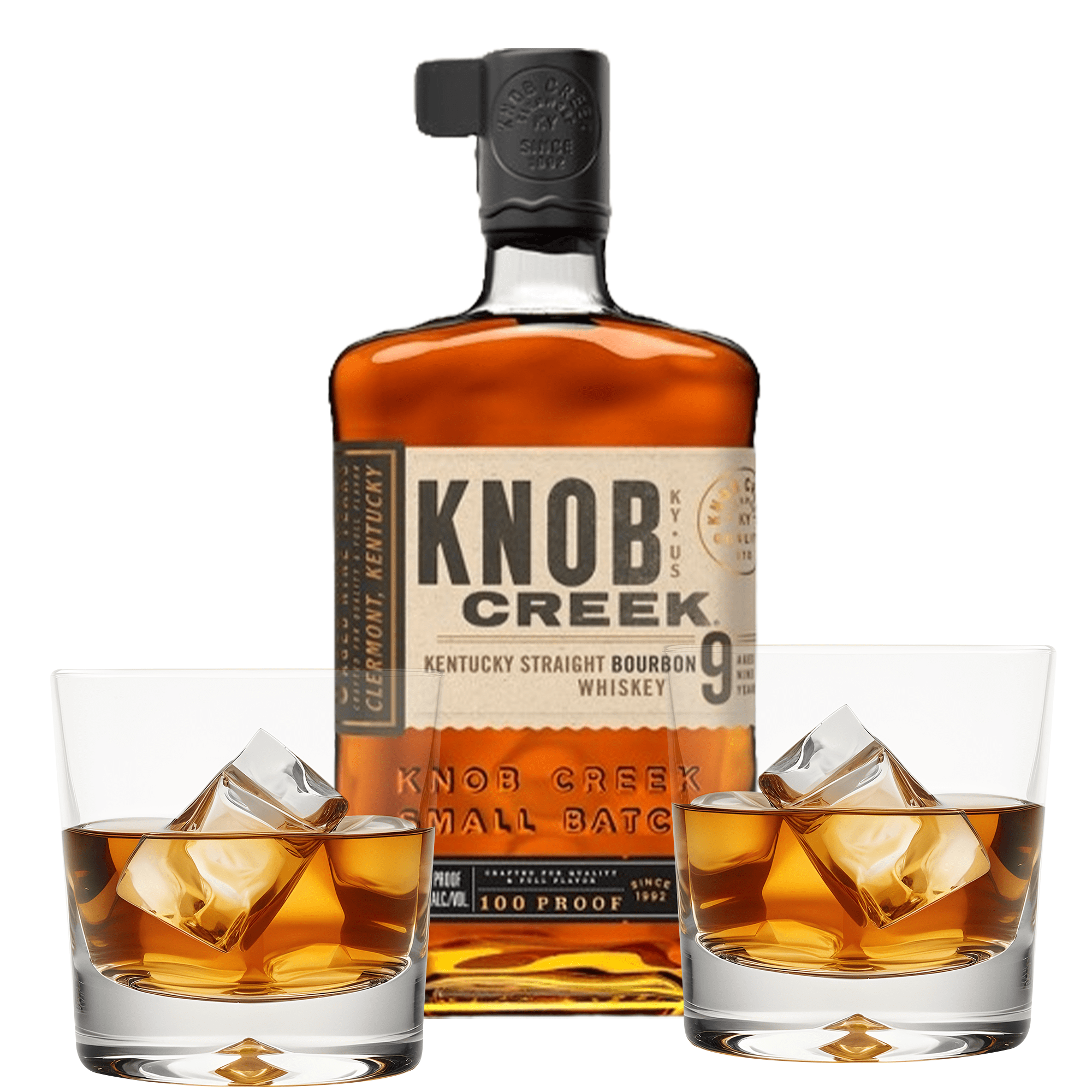 Knob Creek Gift Set featuring 750ml bourbon bottle and two engravable glasses in a themed gift box