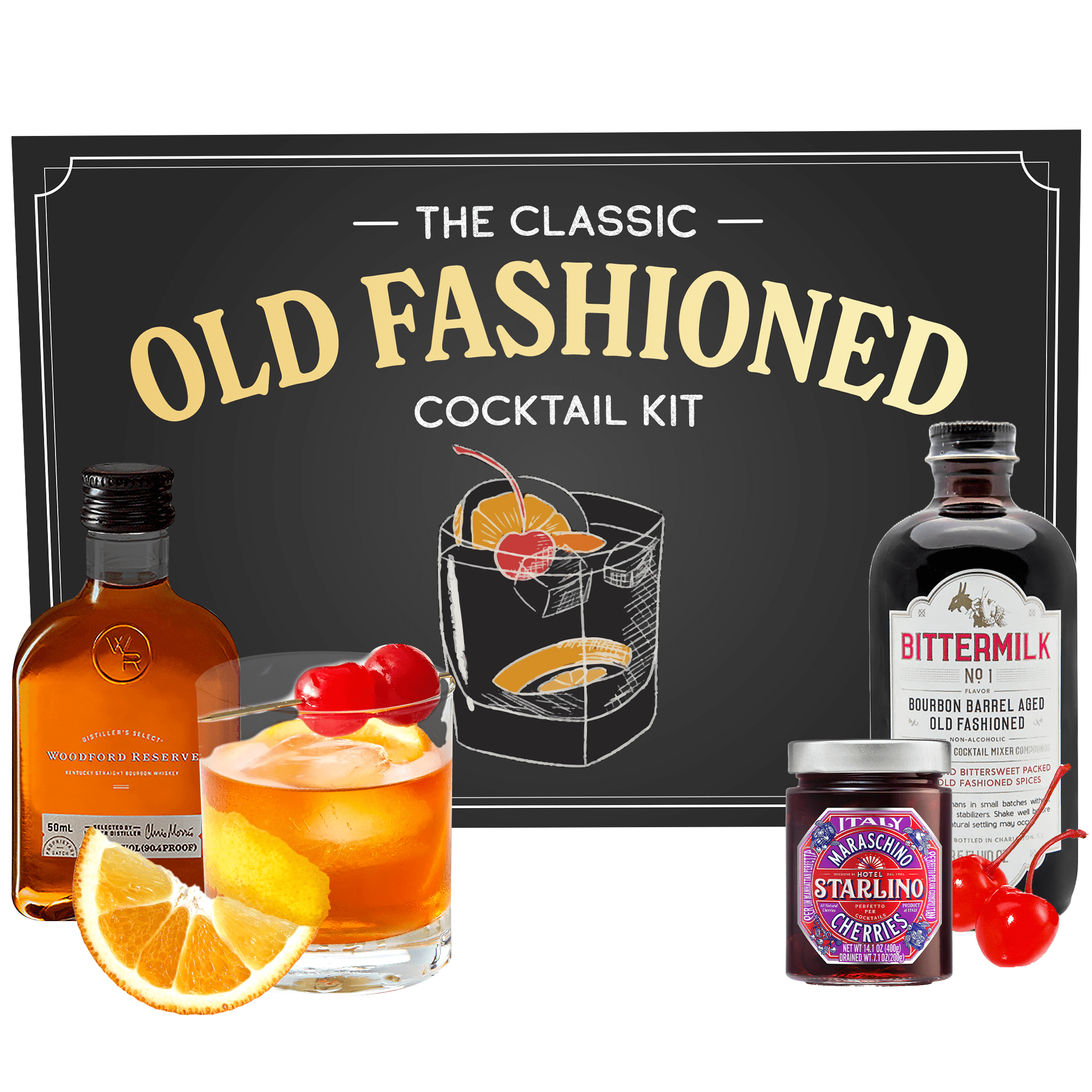 Signature Old Fashioned Cocktail Kit with Woodford Reserve bourbon, bitters, cherries, and orange garnish in a sleek gift box